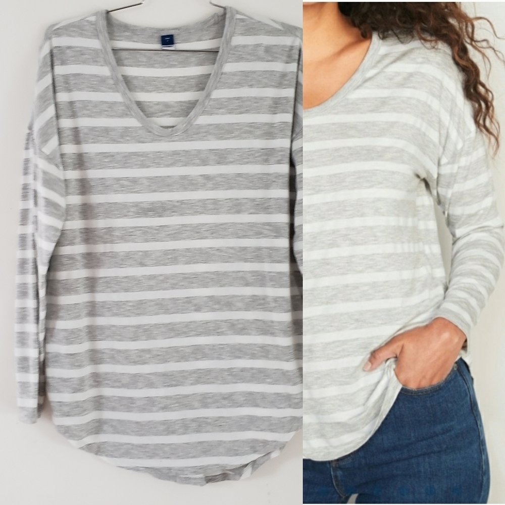 Old Navy Luxe Womens Long-Sleeve Gray/White Stripe Voop-Neck Tunic T-Shirt, Sz M
